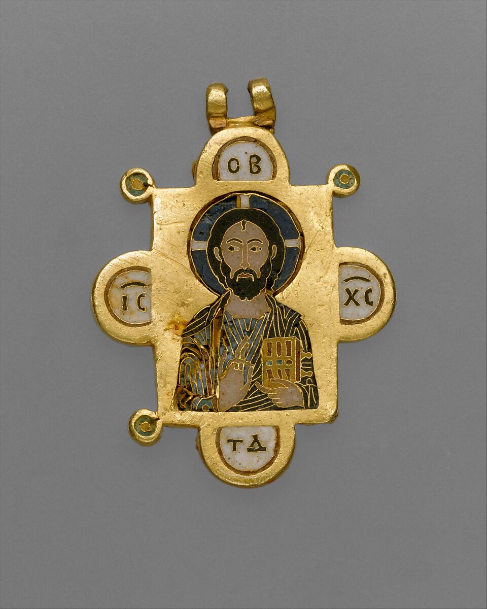 Double-Sided Pendant Icon with the Virgin and Christ Pantokrator, Gold, cloisonné enamel, Byzantine 