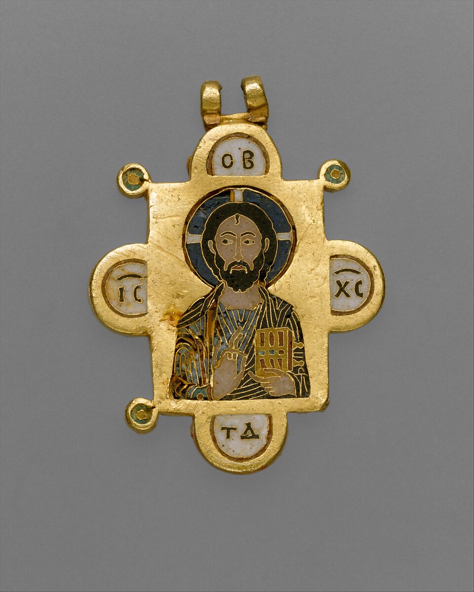 Double-Sided Pendant Icon with the Virgin and Christ Pantokrator, Gold, cloisonné enamel, Byzantine