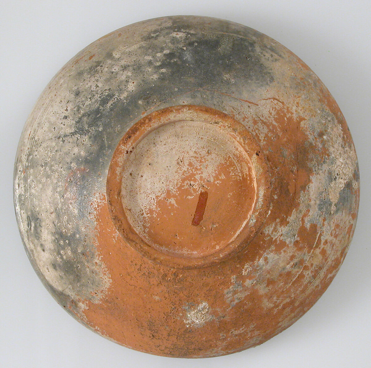 Bowl with Ornamented Rosette, Fired red earthenware, greenish/gray cream slip, clear glaze, Byzantine