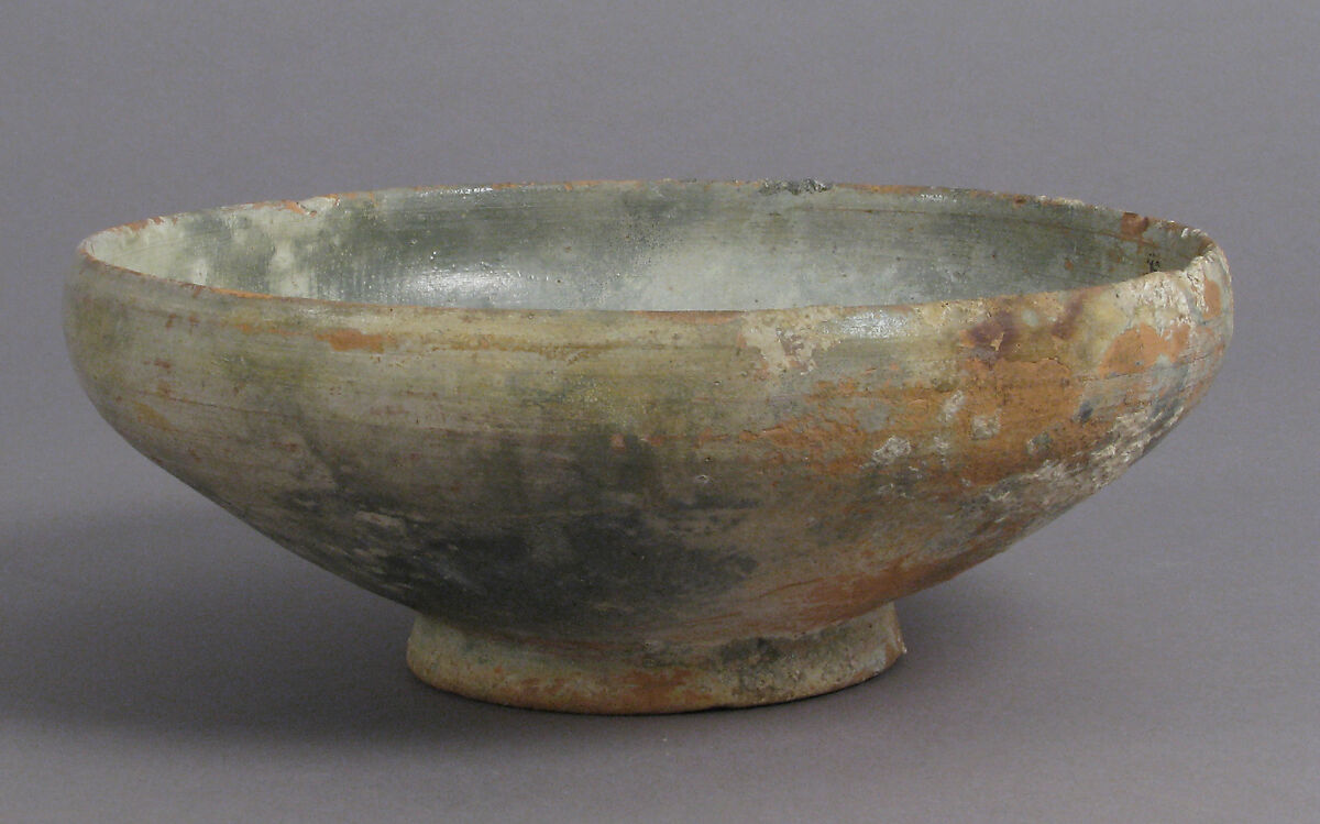 Bowl with Ornamented Rosette, Fired red earthenware, greenish/gray cream slip, clear glaze, Byzantine