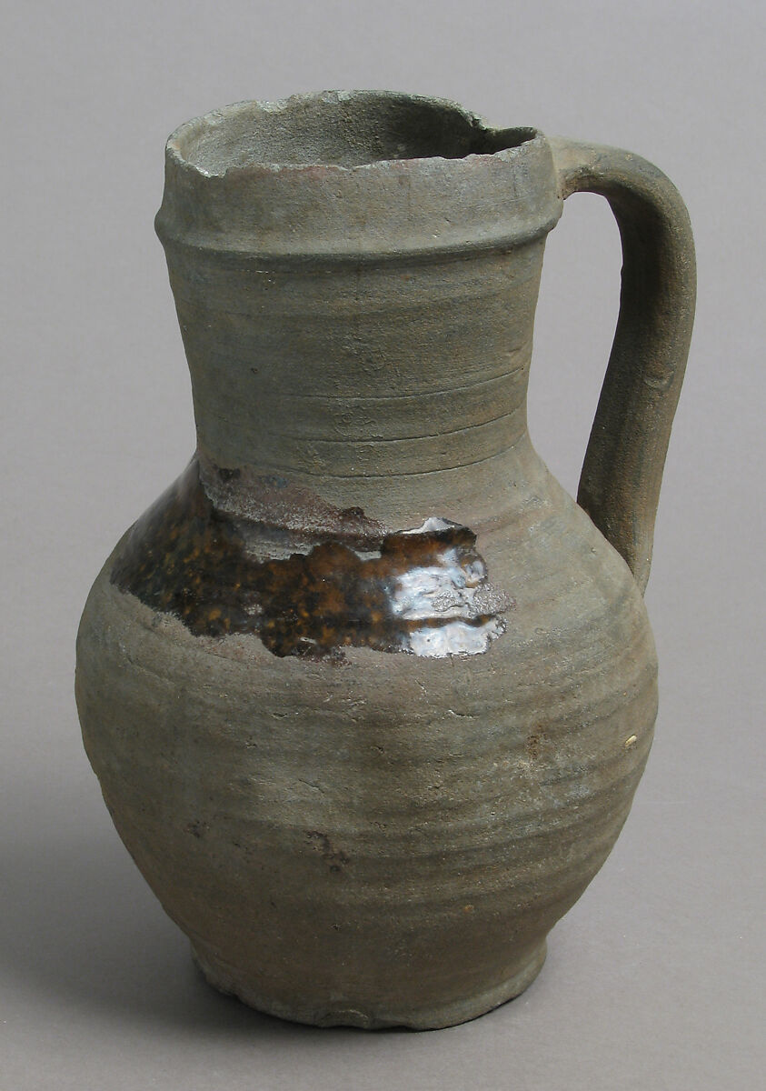 Jug, Earthenware, unglazed and partially salt glazed, German 