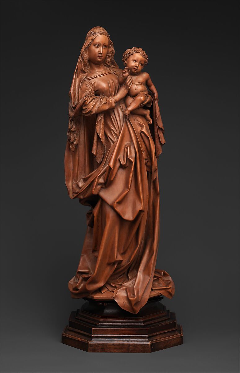 Standing Virgin and Child, Attributed to Niclaus Gerhaert von Leyden (North Netherlandish, active Strasbourg, ca. 1462–died 1473 Vienna), Boxwood, tinted lips and eyes, Austrian 