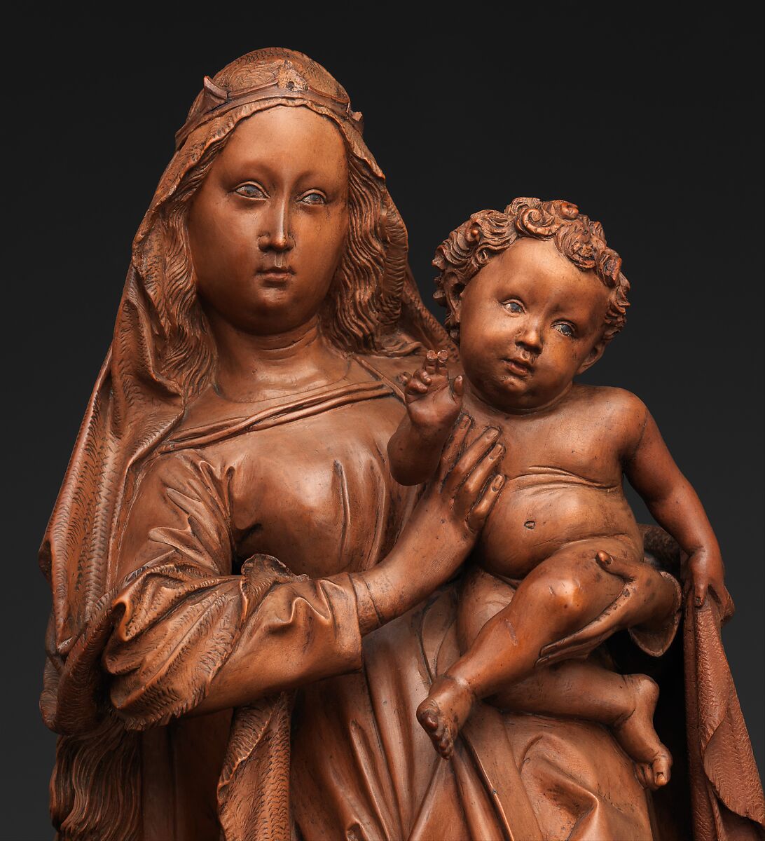 Standing Virgin and Child, Attributed to Niclaus Gerhaert von Leyden (North Netherlandish, active Strasbourg, ca. 1462–died 1473 Vienna), Boxwood, tinted lips and eyes, Austrian