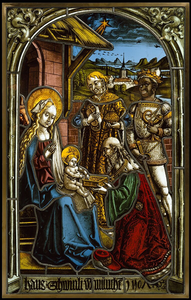Adoration of the Magi, Circle of Peter Hemmel von Andlau (Strassburger Werkstattgemeinschaft) (active Southern and Central Germany, ca. 1470–1500), Pot metal and colorless glass, vitreous paint, and silver stain, German 