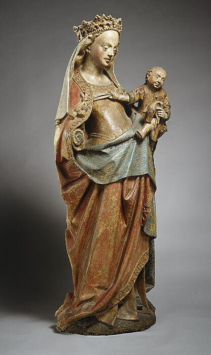 Virgin and Child with Bird, Limestone with polychromy, French 