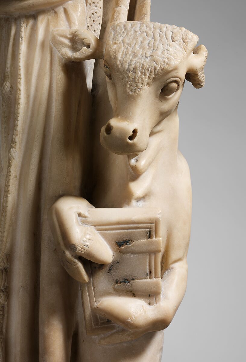 Pilaster (Tetramorph) from the Parapet of a Pulpit with Symbol of the Evangelists, Workshop of Giovanni Pisano (Italian, Pisa ca. 1240–before 1320 Siena), Marble (Lunense marble from Carrara), traces of paint, Central Italian