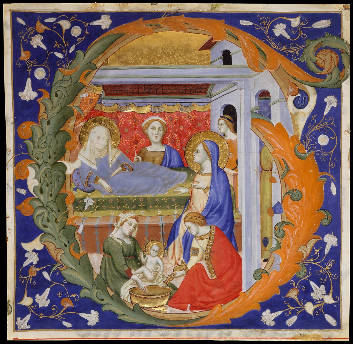 Manuscript Illumination with the Birth of the Virgin in an Initial G, from a Gradual, Don Silvestro de&#39; Gherarducci (Italian, Florence 1339–1399 Florence), Tempera, ink, and gold on parchment, Italian 