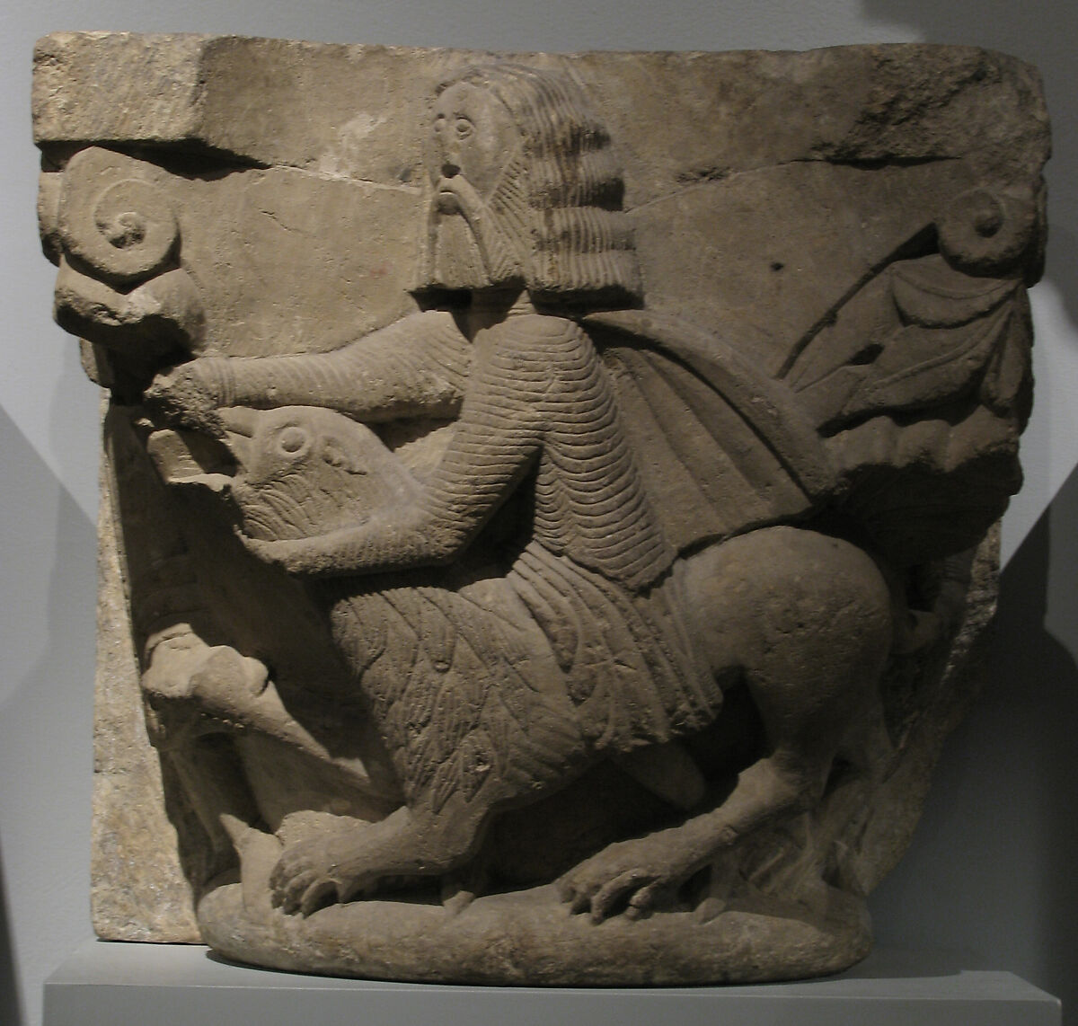 Capital with Samson and an Attendant Fighting a Lion, Limestone, North Spanish