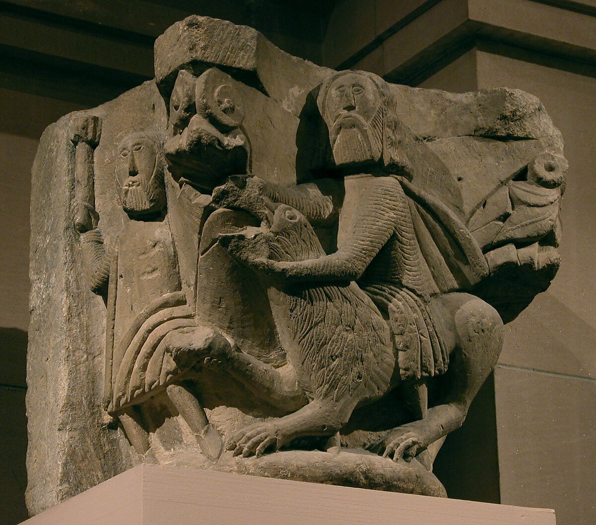 Capital with Samson and an Attendant Fighting a Lion, Limestone, North Spanish 