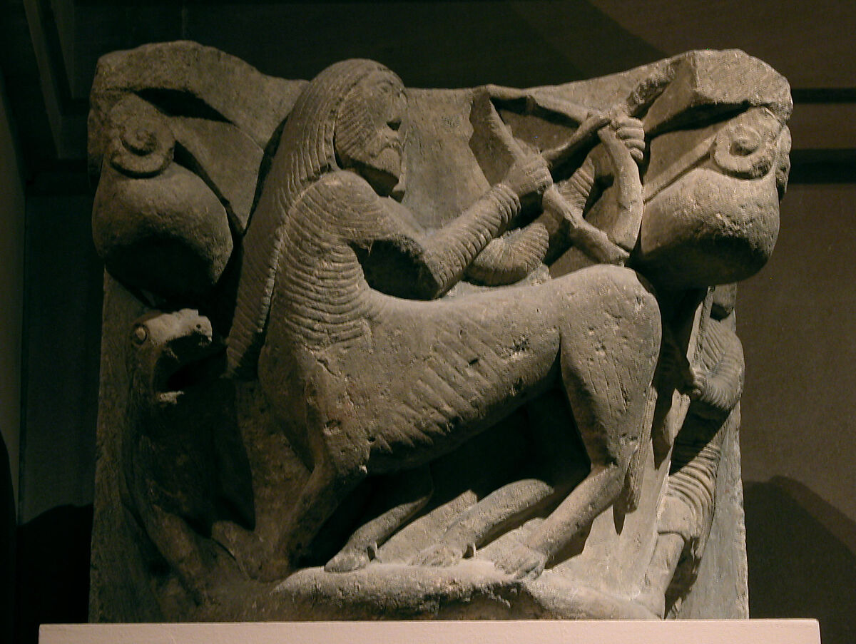 Capital with a Centaur Battling a Man with Bow and Arrow, Limestone, North Spanish 