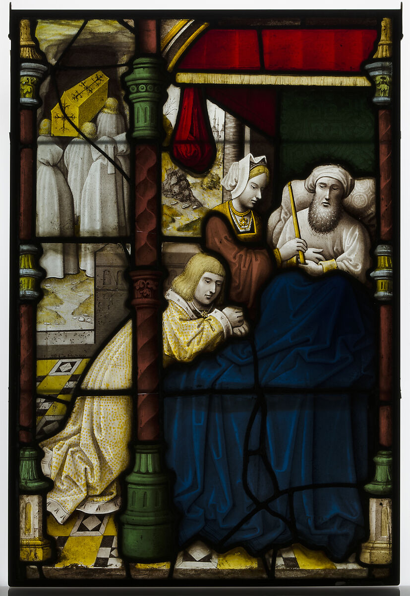 Glass Panel with Death Bed Scene, probably by Jan van Diependale (active 1509–1534), Pot-metal glass and vitreous paint, South Netherlandish 