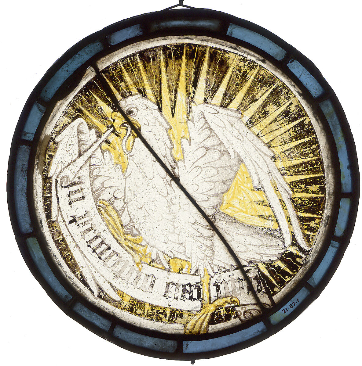 Roundel with an Eagle and Inscription, Colored and colorless glass, silver stain, and vitreous paint, British 