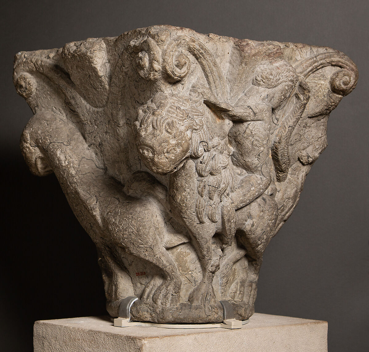 Capital with Lions Mounted by Nude Riders, Stone, North Spanish or South French