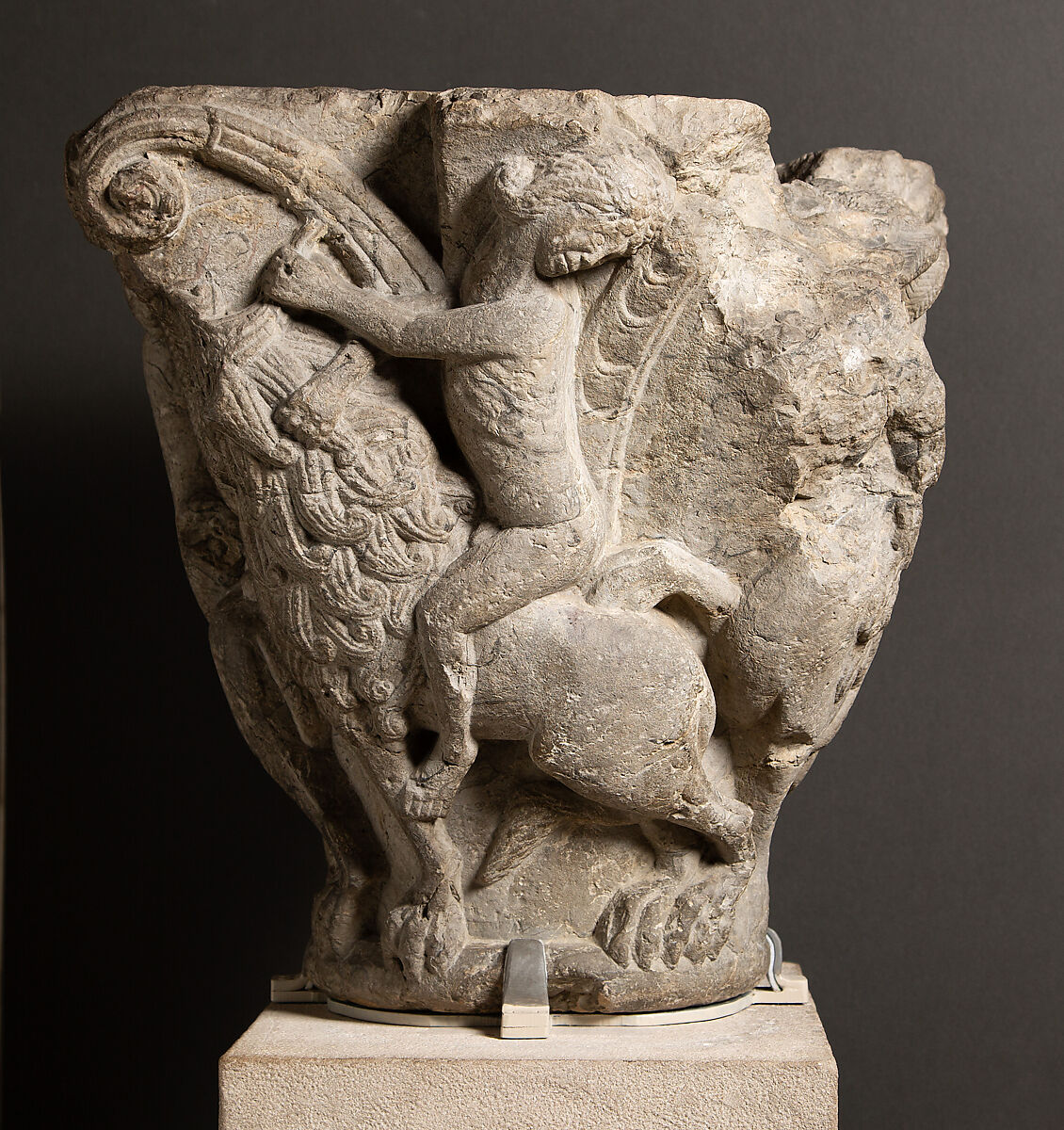 Capital with Lions Mounted by Nude Riders, Stone, North Spanish or South French