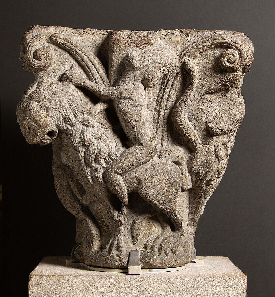 Capital with Lions Mounted by Nude Riders, Stone, North Spanish or South French 