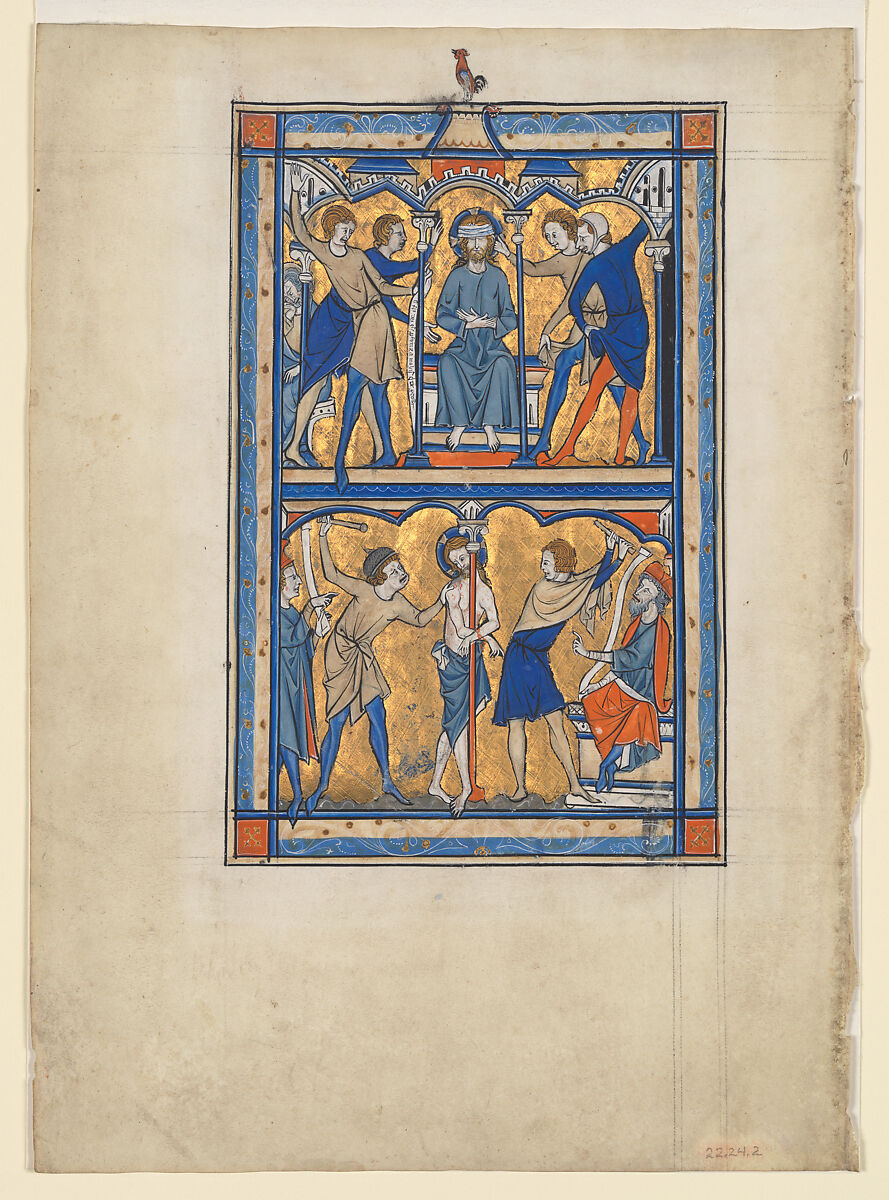 Manuscript Leaf with the Mocking and Flagellation of Christ, from a Royal Psalter, Tempera and gold on parchment, British 
