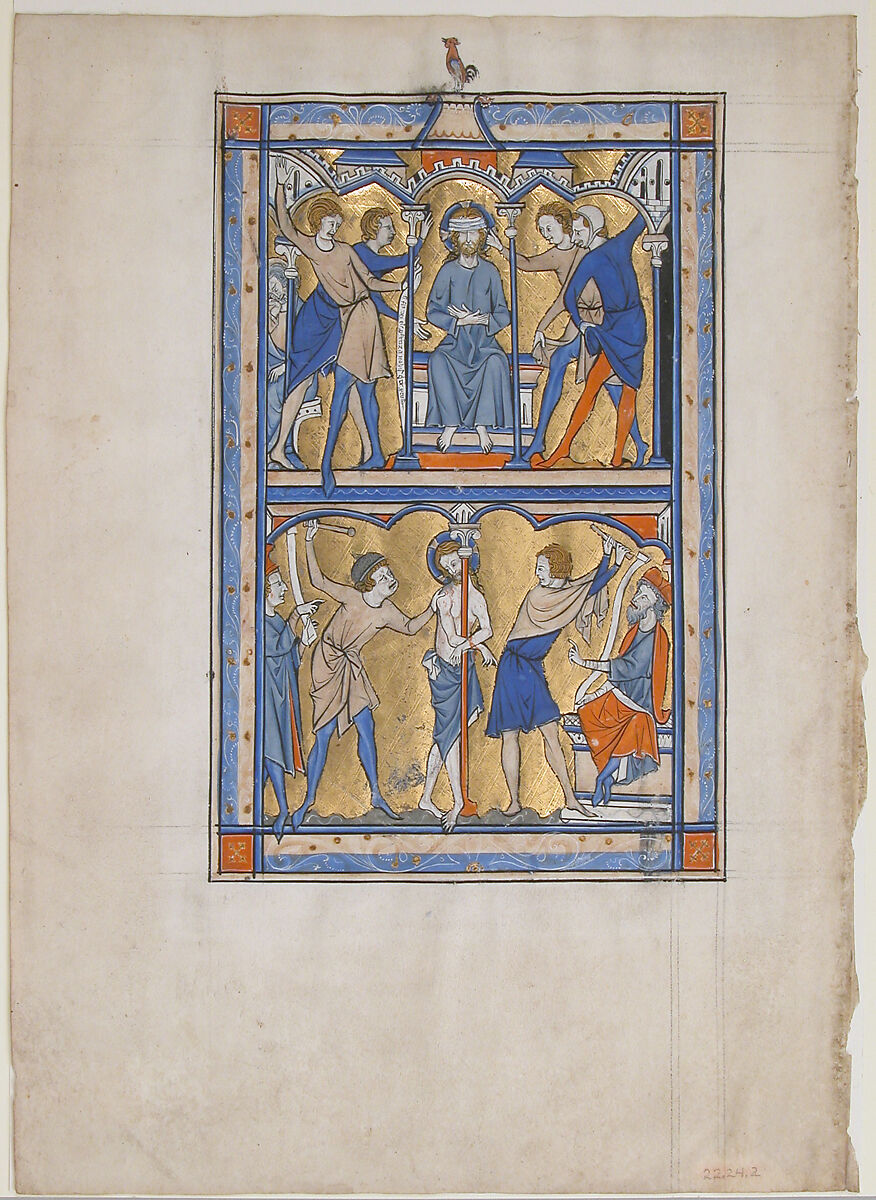 Manuscript Leaf with the Mocking and Flagellation of Christ, from a Royal Psalter, Tempera and gold on parchment, British 