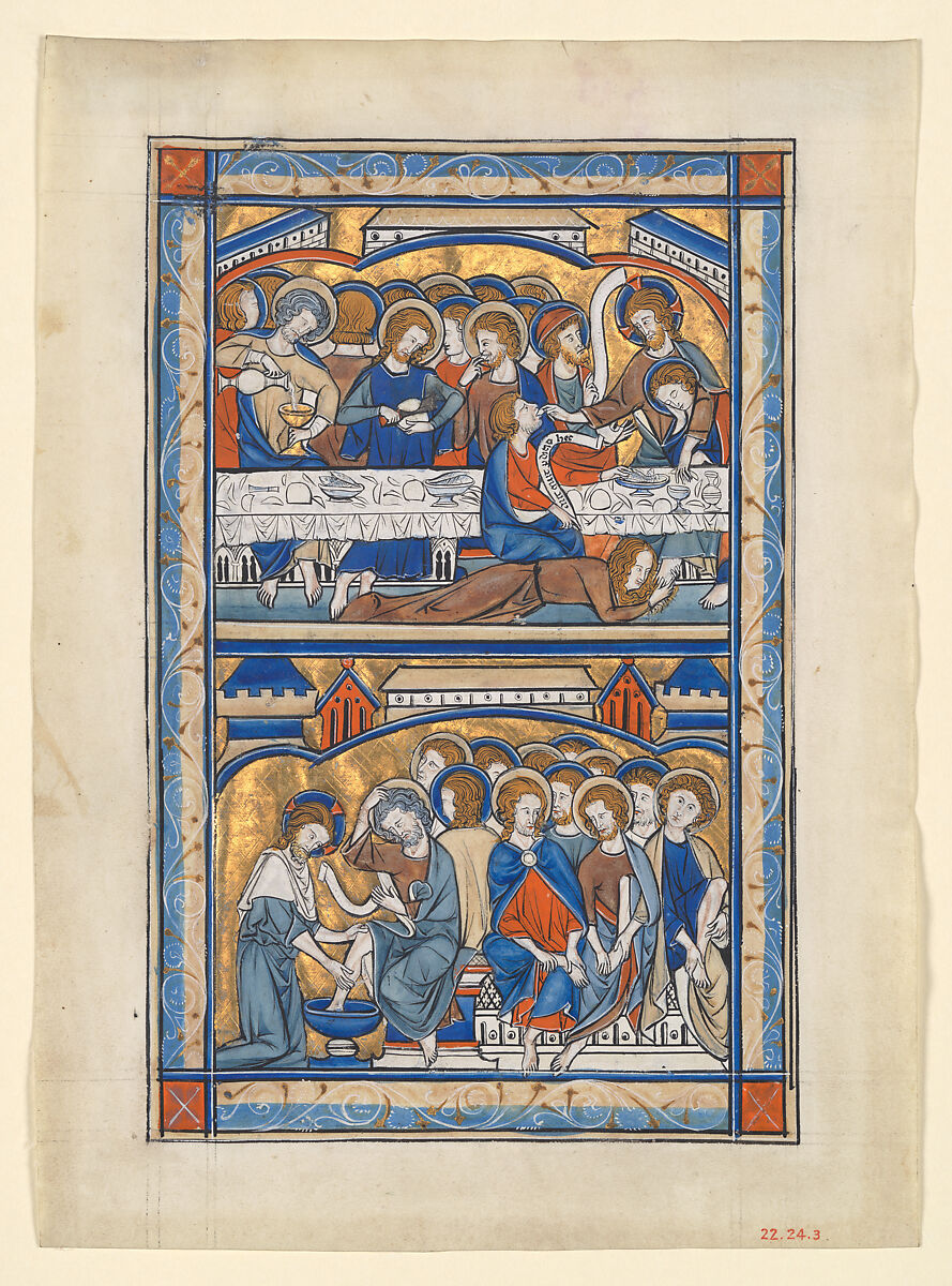Manuscript Leaf with the Last Supper and the Washing of the Apostles’ Feet Leaf, from a Royal Psalter, Tempera and gold on parchment, British 