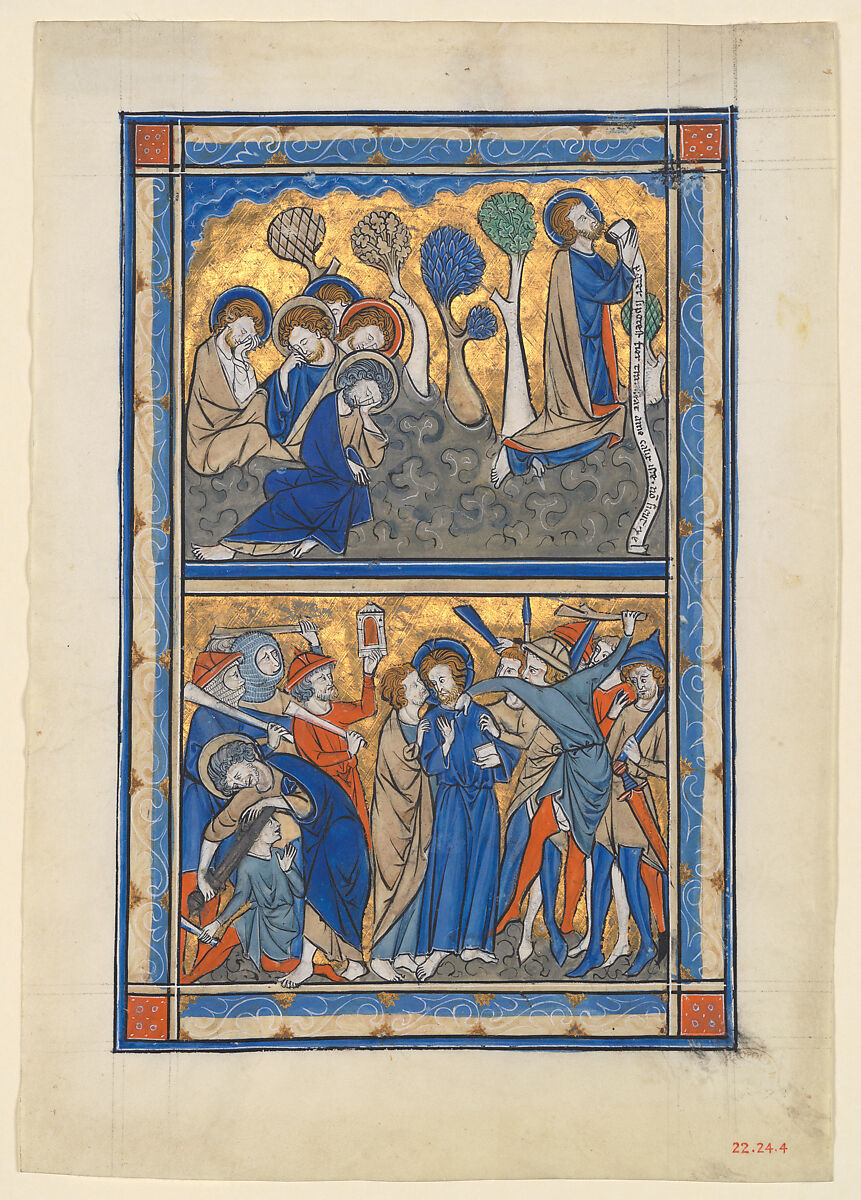 Manuscript Leaf with the Agony in the Garden and Betrayal of Christ, from a Royal Psalter, Tempera and gold on parchment, British 