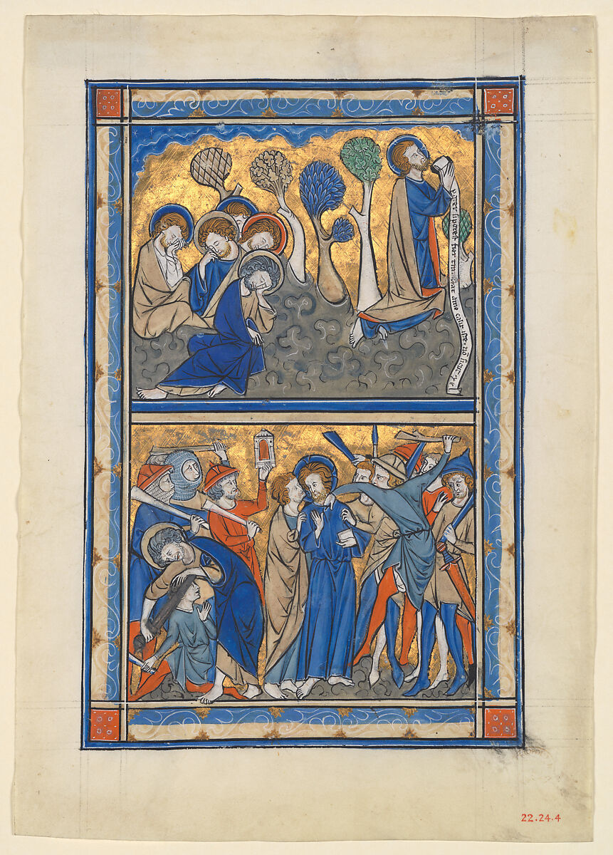 Manuscript Leaf with the Agony in the Garden and Betrayal of Christ, from a Royal Psalter, Tempera and gold on parchment, British