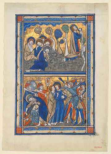 Manuscript Leaf with the Agony in the Garden and Betrayal of Christ, from a Royal Psalter