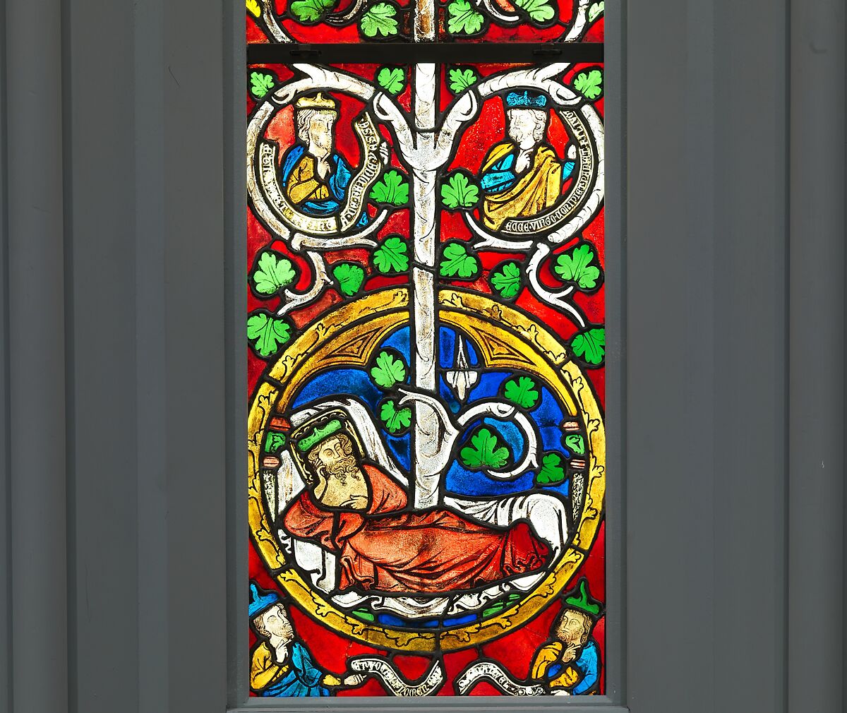 Tree of Jesse Window: The Reclining Jesse, King David, and Scenes from the Life of Jesus, Pot-metal glass, vitreous paint, and lead, German