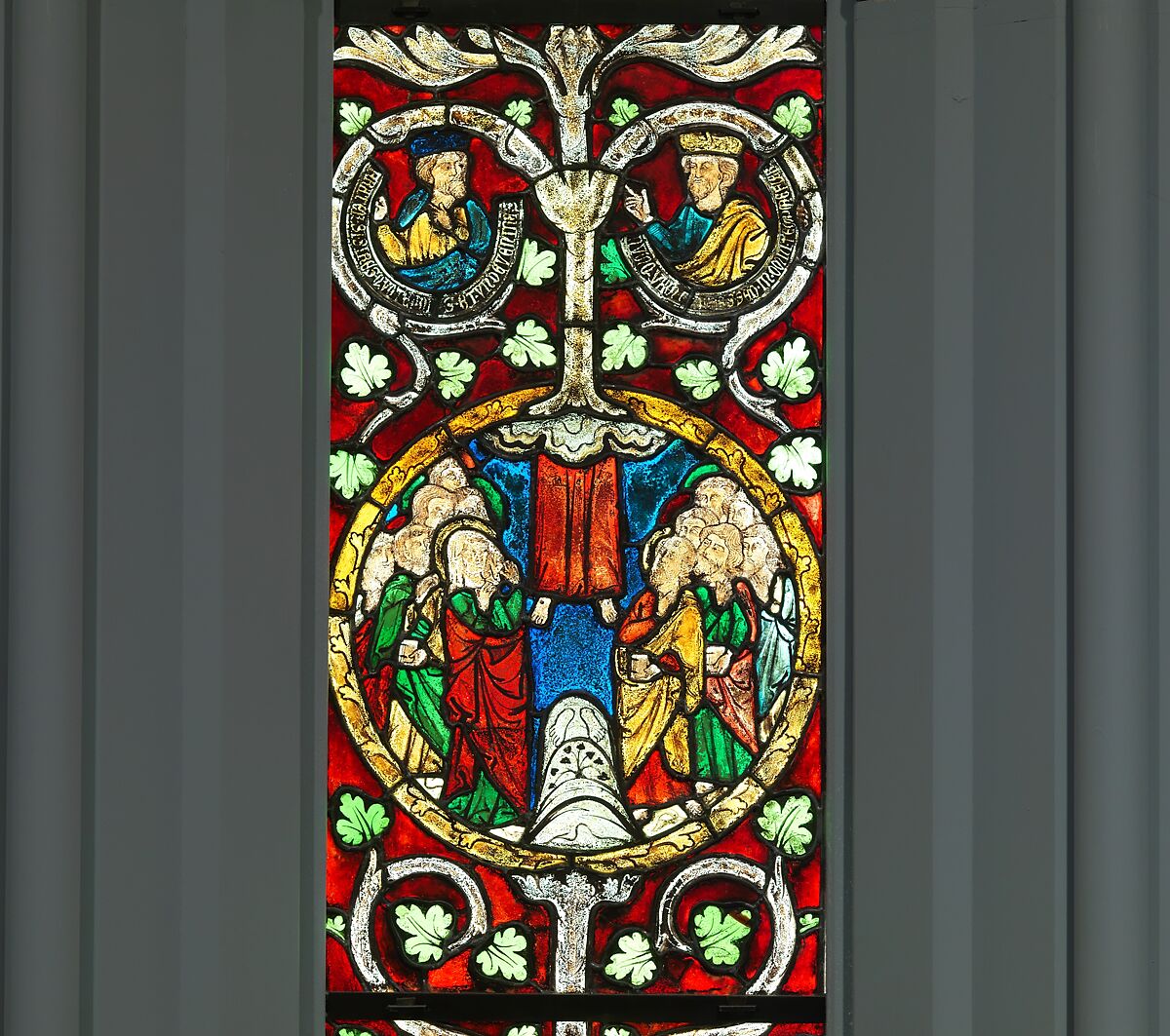 Tree of Jesse Window: The Reclining Jesse, King David, and Scenes from the Life of Jesus, Pot-metal glass, vitreous paint, and lead, German