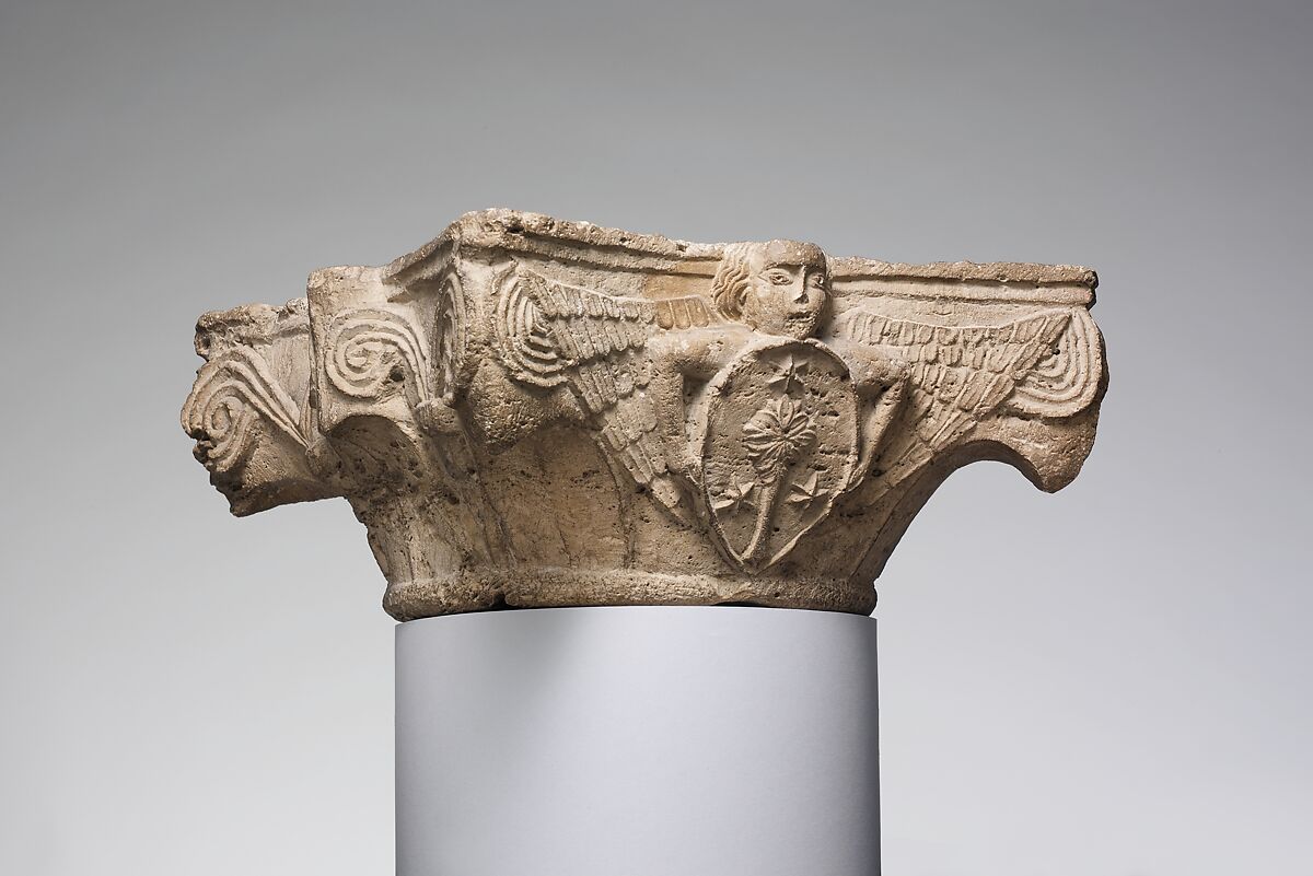 Capital with Angel Holding a Shield, Limestone (Stromatolic or Dolomitic limestone), Northeast Italian 