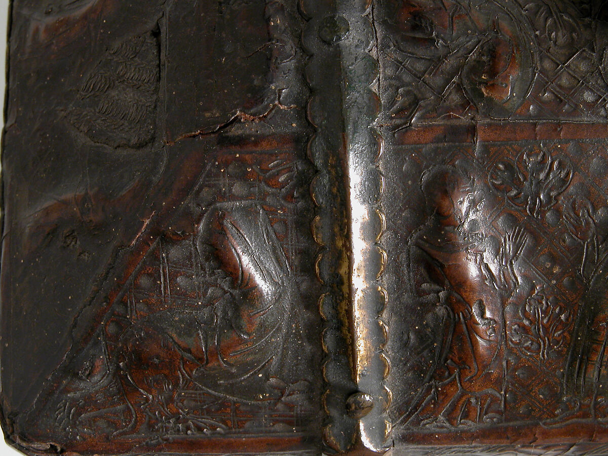 Coffret, Leather (Cuir bouilli), polychromy, silver gilt and enamel coat of arms, gilt copper alloy mounts on wood core, French (?)