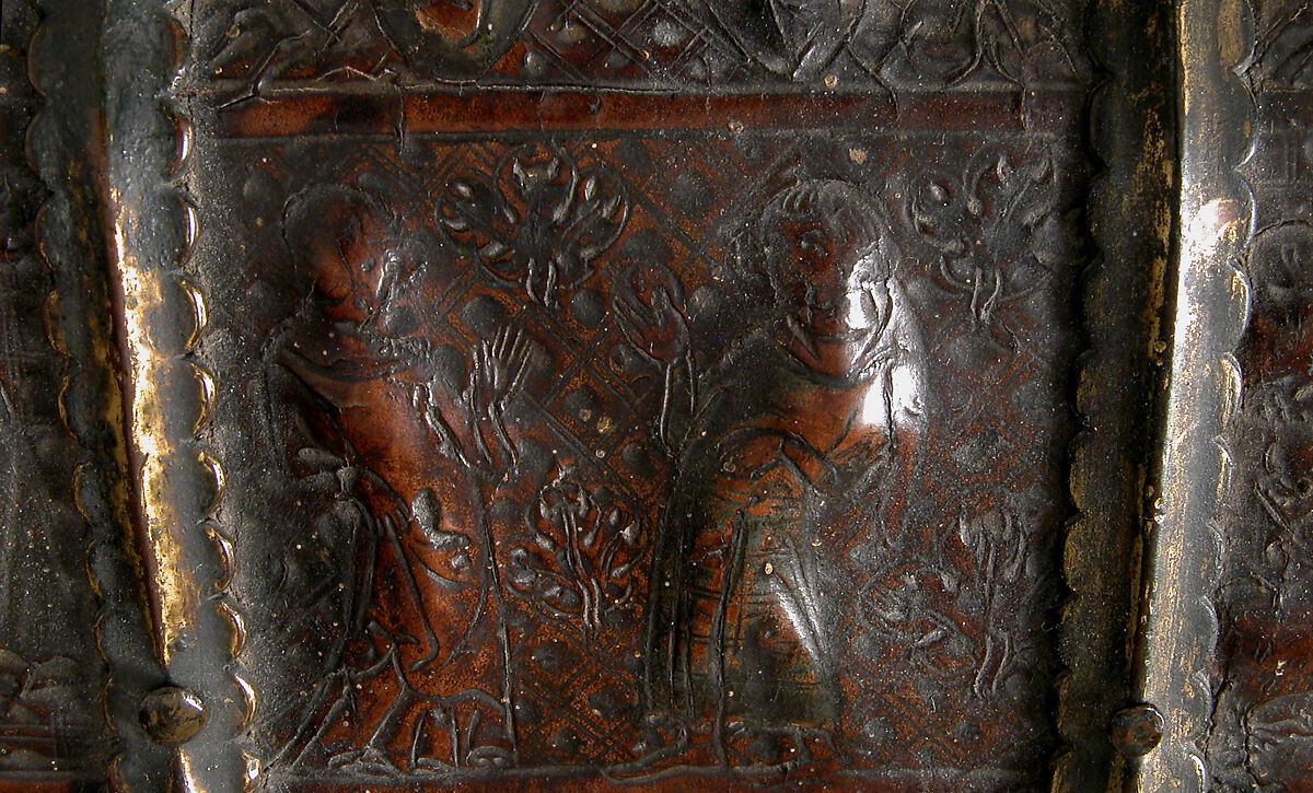 Coffret, Leather (Cuir bouilli), polychromy, silver gilt and enamel coat of arms, gilt copper alloy mounts on wood core, French (?)