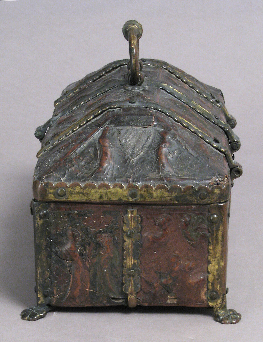 Coffret, Leather (Cuir bouilli), polychromy, silver gilt and enamel coat of arms, gilt copper alloy mounts on wood core, French (?)