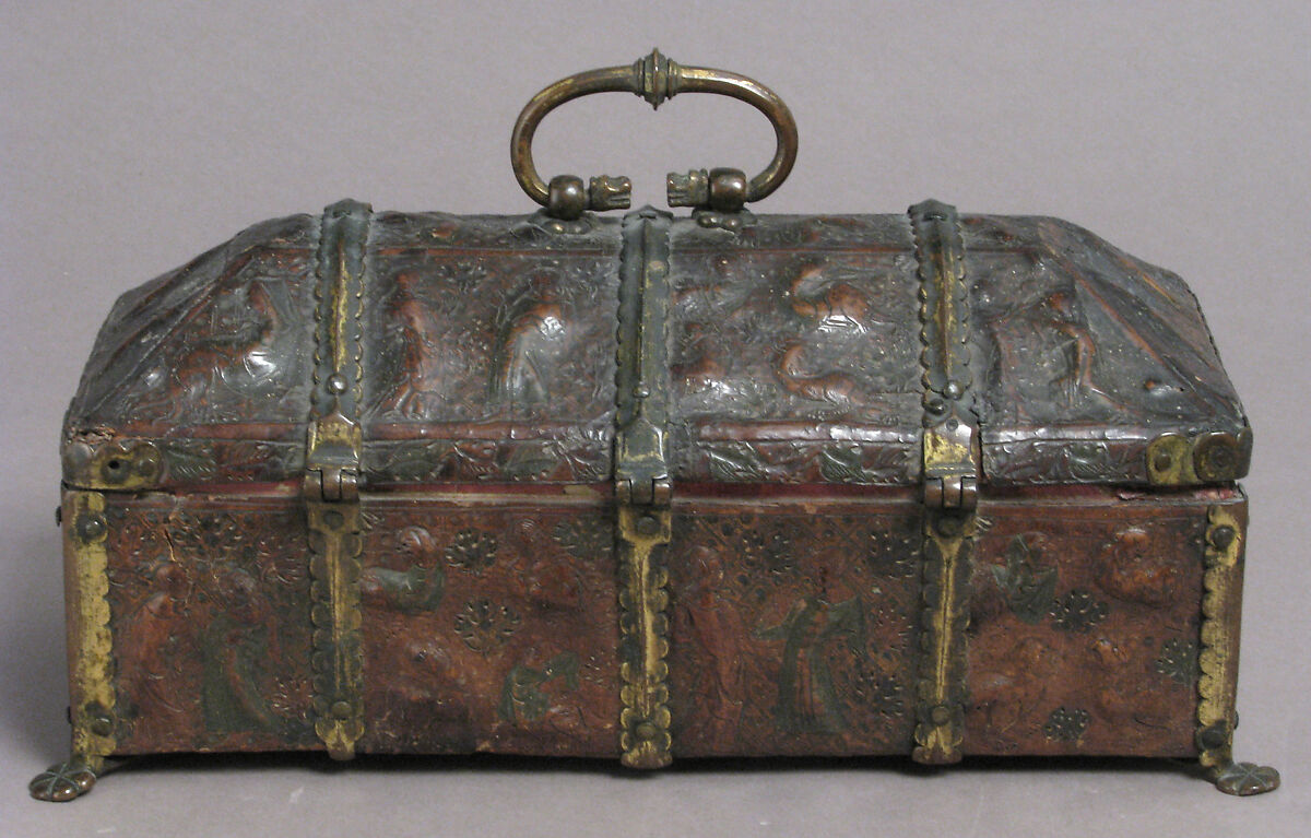 Coffret, Leather (Cuir bouilli), polychromy, silver gilt and enamel coat of arms, gilt copper alloy mounts on wood core, French (?)