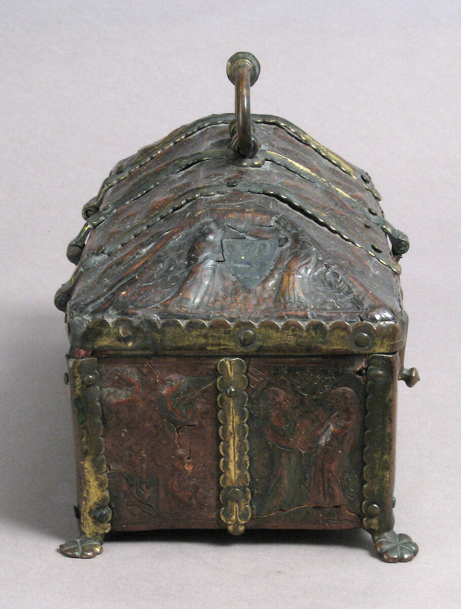 Coffret, Leather (Cuir bouilli), polychromy, silver gilt and enamel coat of arms, gilt copper alloy mounts on wood core, French (?)