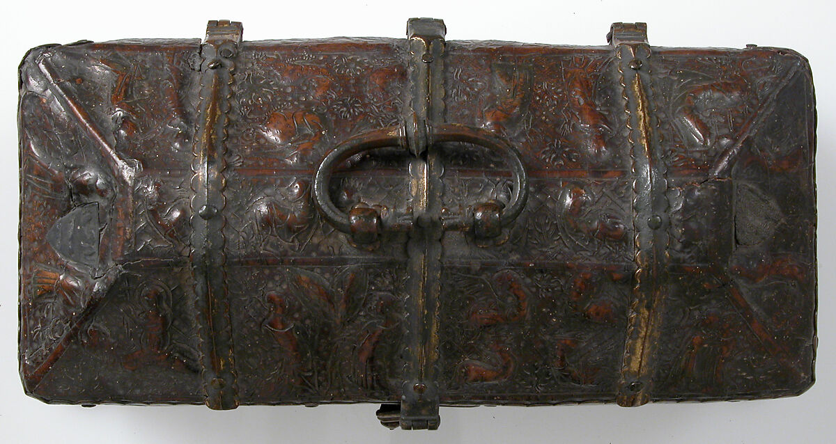 Coffret, Leather (Cuir bouilli), polychromy, silver gilt and enamel coat of arms, gilt copper alloy mounts on wood core, French (?)