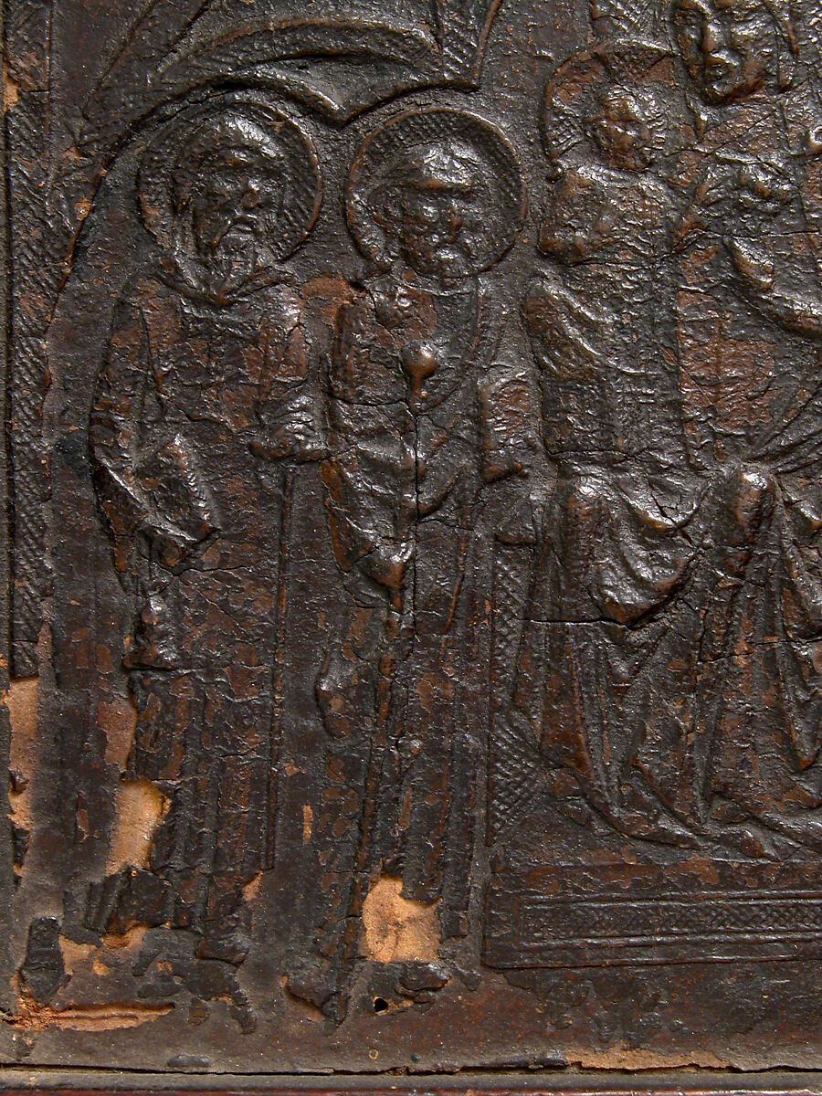 Relief of Virgin and Child, Paste relief, tooled leather, wood frame and back, Italian