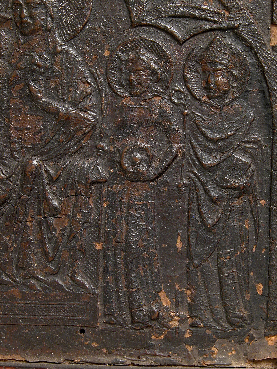 Relief of Virgin and Child, Paste relief, tooled leather, wood frame and back, Italian
