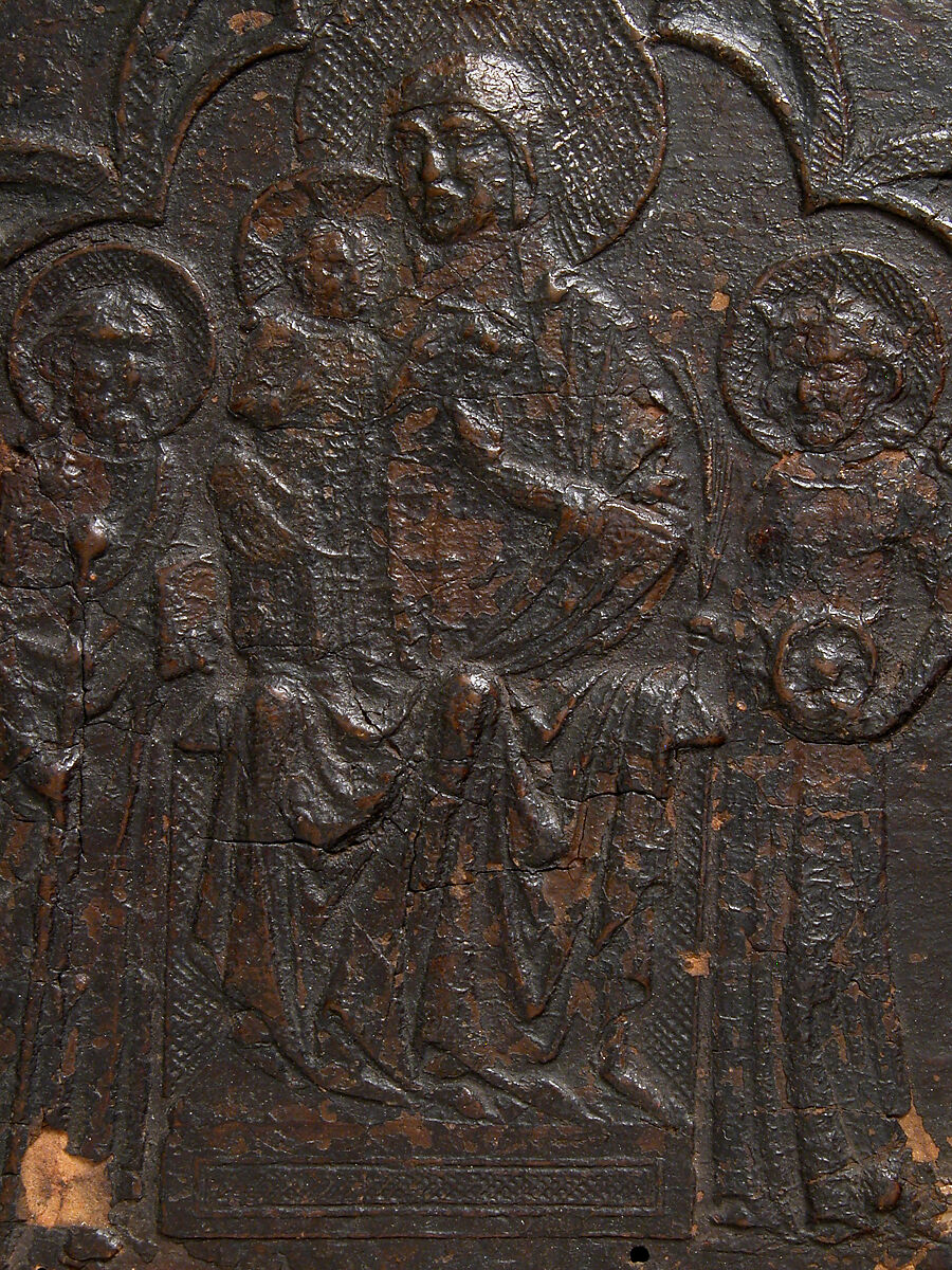 Relief of Virgin and Child, Paste relief, tooled leather, wood frame and back, Italian
