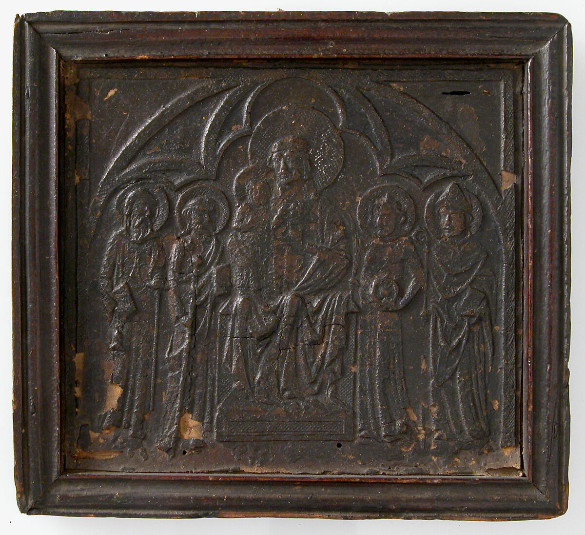 Relief of Virgin and Child, Paste relief, tooled leather, wood frame and back, Italian 
