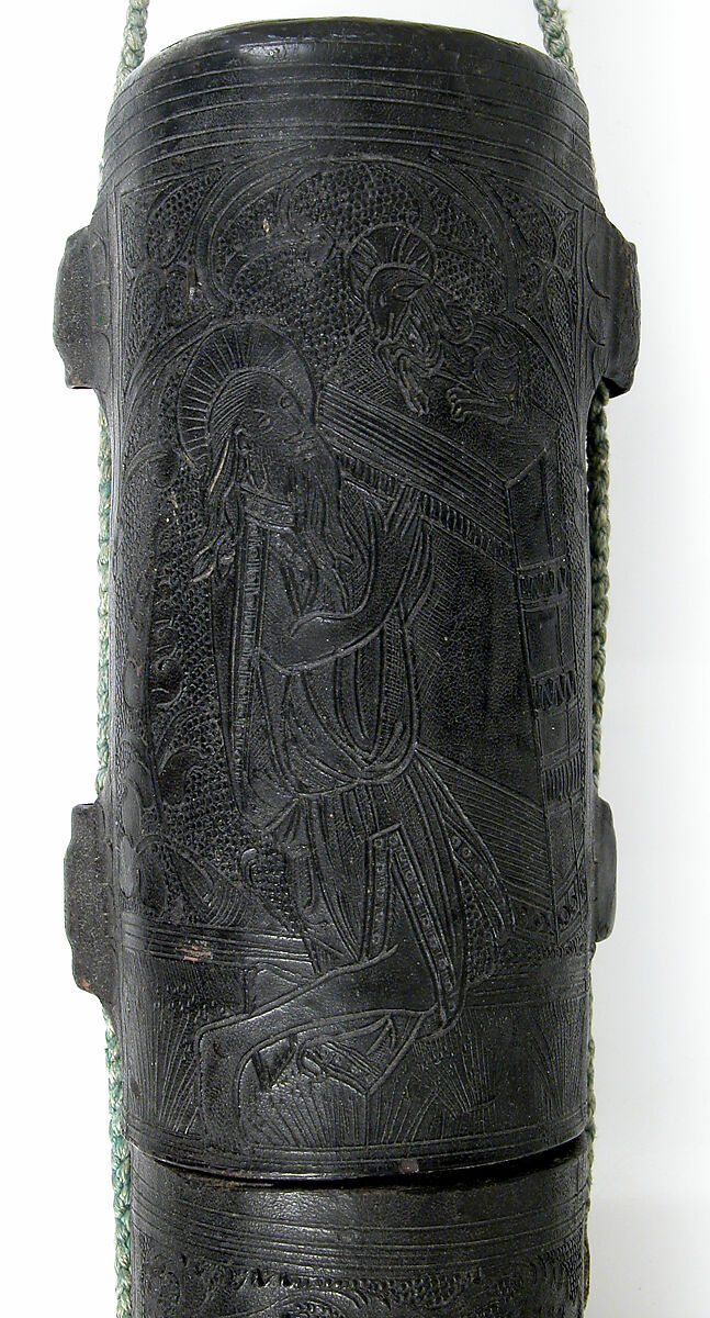 Case, Cuir bouilli (tooled leather), tooled,  green cord, French