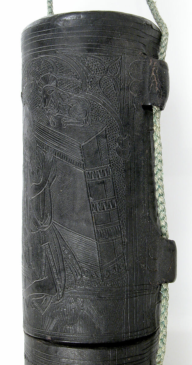 Case, Cuir bouilli (tooled leather), tooled,  green cord, French