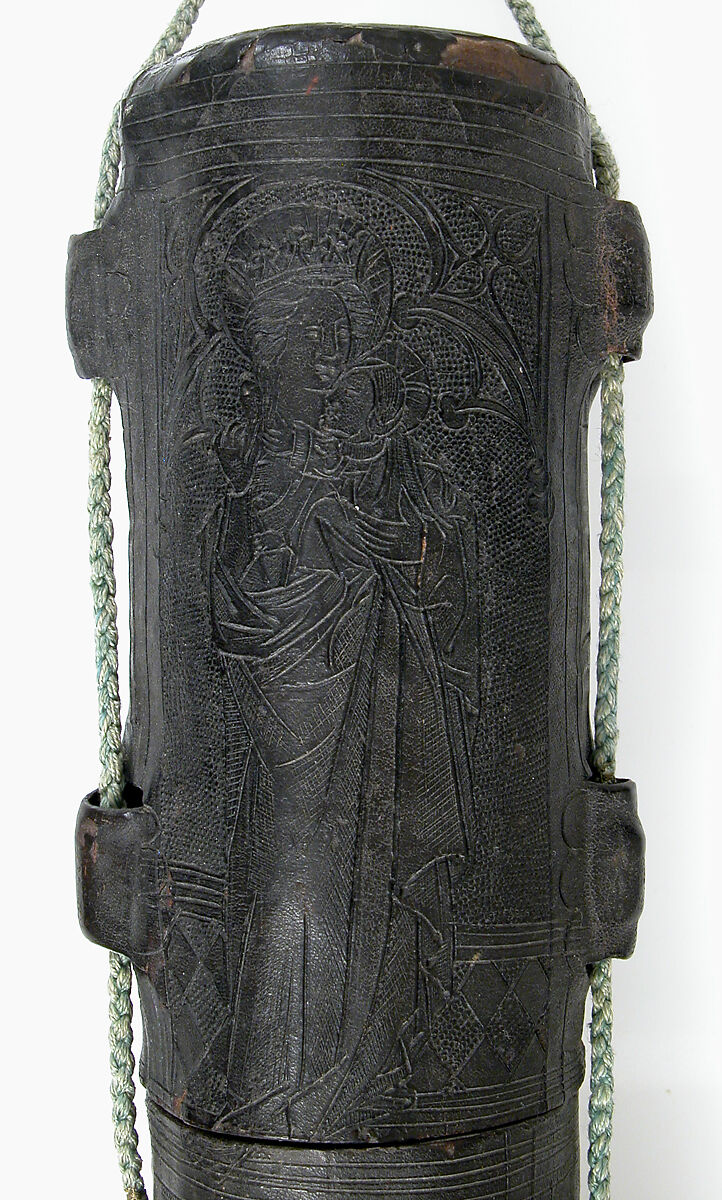 Case, Cuir bouilli (tooled leather), tooled,  green cord, French