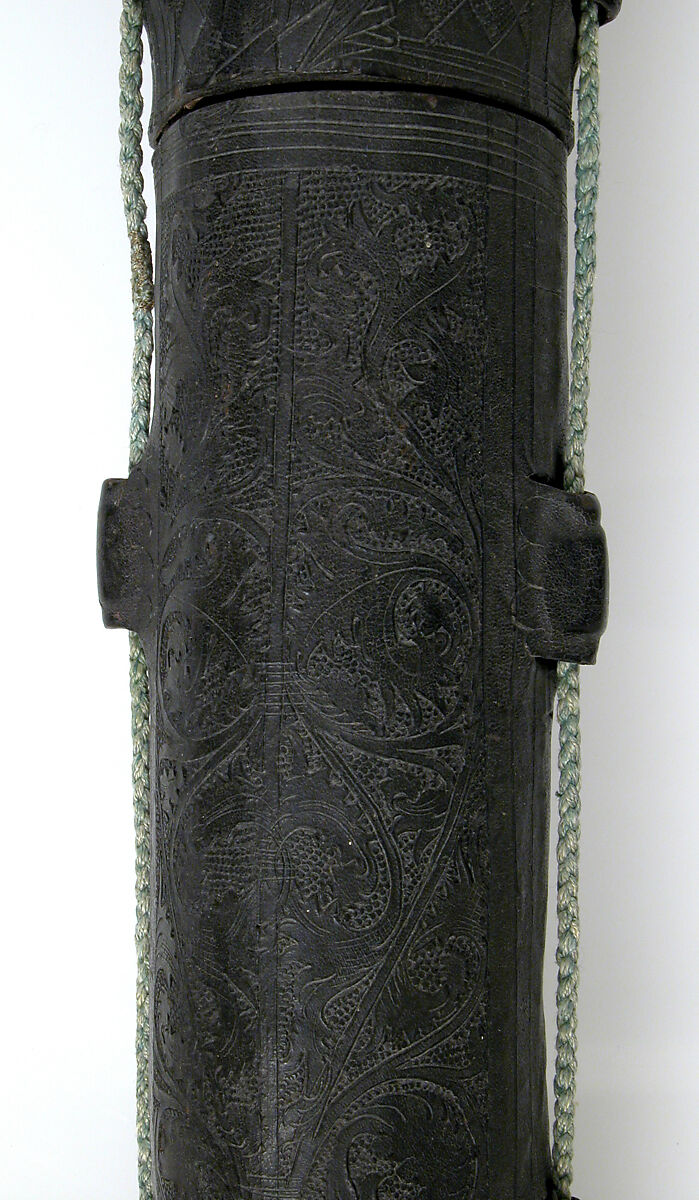 Case, Cuir bouilli (tooled leather), tooled,  green cord, French