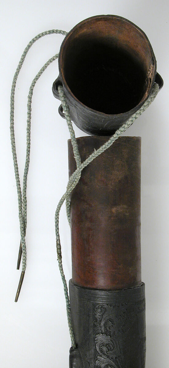 Case, Cuir bouilli (tooled leather), tooled,  green cord, French