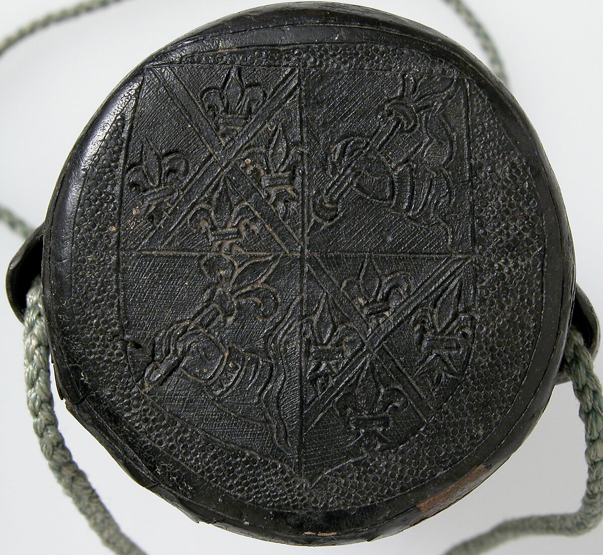 Case, Cuir bouilli (tooled leather), tooled,  green cord, French