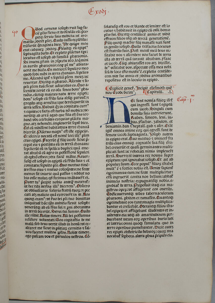 Bible, Binding: leather (stamped & tooled) with engraved brass fittings, ink printed on paper, 1st folio hand colored in tempera, metal leaf, and shell gold, German