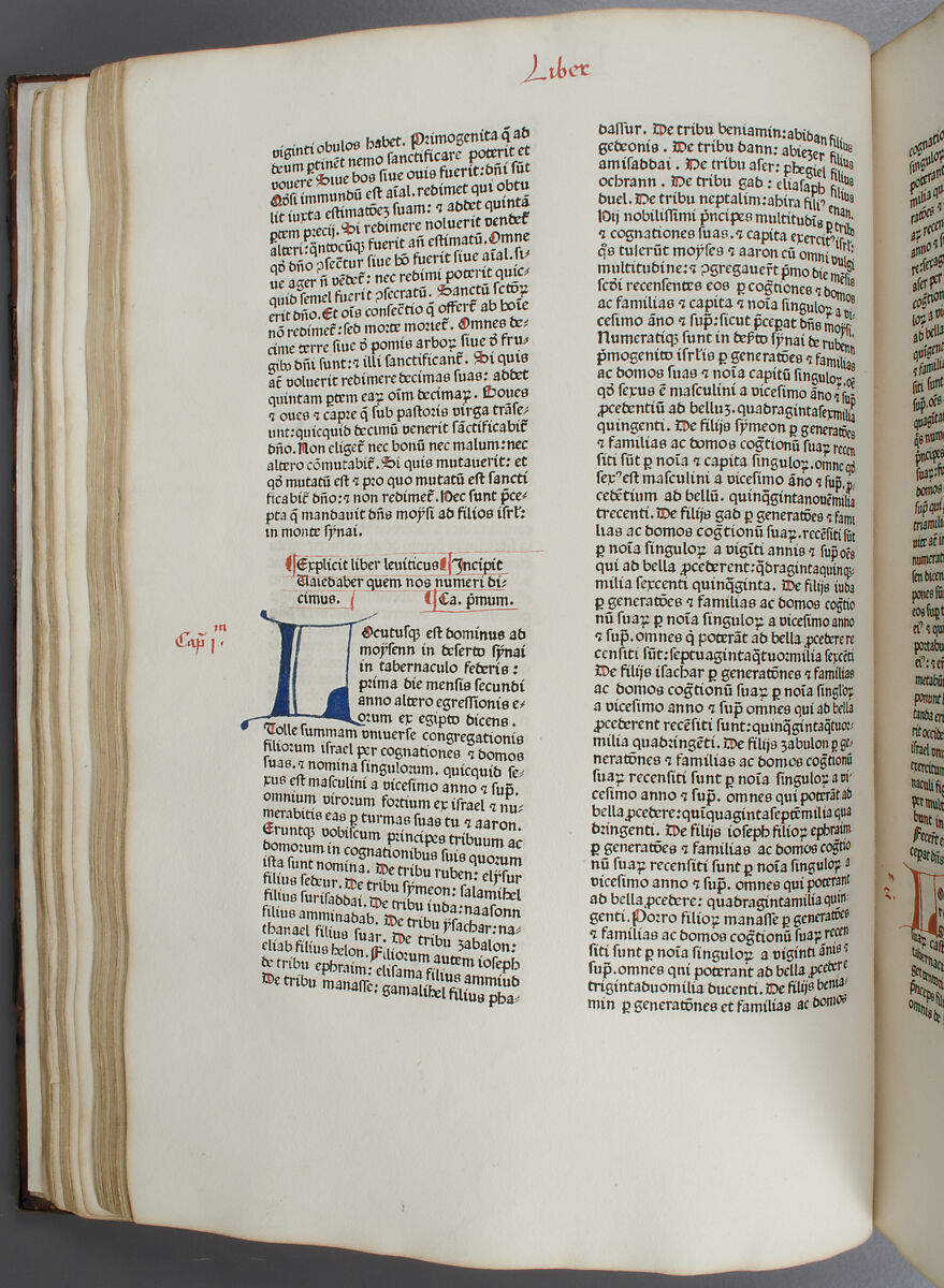 Bible, Binding: leather (stamped & tooled) with engraved brass fittings, ink printed on paper, 1st folio hand colored in tempera, metal leaf, and shell gold, German