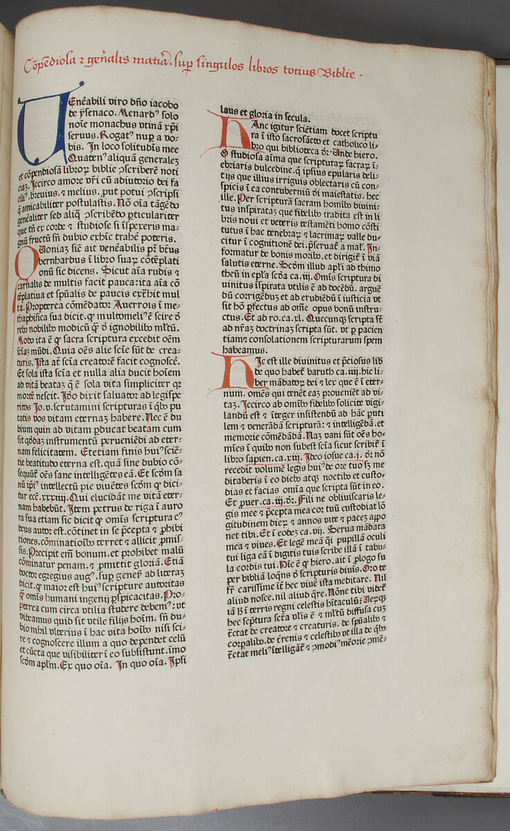 Bible, Binding: leather (stamped & tooled) with engraved brass fittings, ink printed on paper, 1st folio hand colored in tempera, metal leaf, and shell gold, German