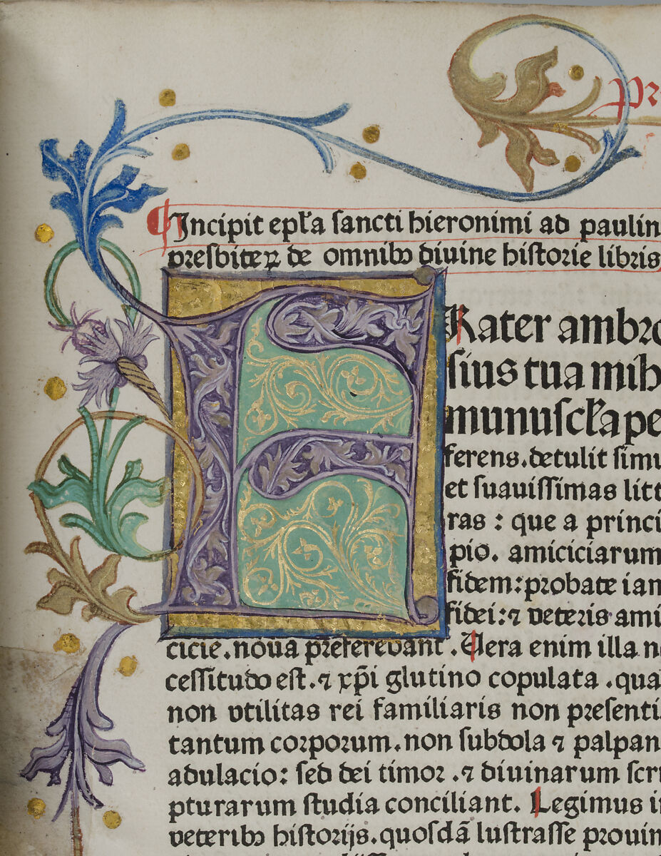 Bible, Binding: leather (stamped & tooled) with engraved brass fittings, ink printed on paper, 1st folio hand colored in tempera, metal leaf, and shell gold, German