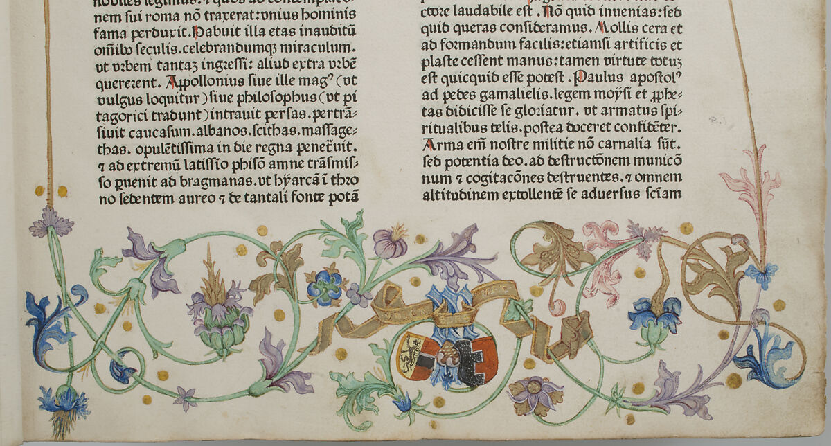 Bible, Binding: leather (stamped & tooled) with engraved brass fittings, ink printed on paper, 1st folio hand colored in tempera, metal leaf, and shell gold, German