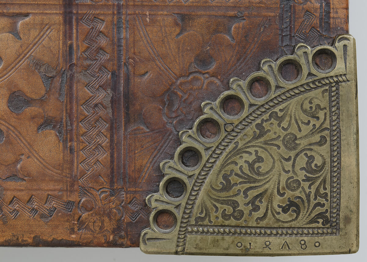 Bible, Binding: leather (stamped & tooled) with engraved brass fittings, ink printed on paper, 1st folio hand colored in tempera, metal leaf, and shell gold, German